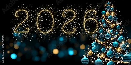 Christmas tree adorned with blue and gold ornaments sparkles with lights, as festive numbers appear, showcasing a magical holiday atmosphere with enchanting motion