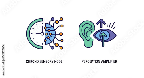 Modern flat vector icon pack illustrating a chrono rhythm node for smart day-cycle sensors and a perception amplifier for enhanced sensory input, crisp design