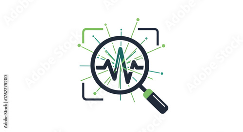 An analytical icon showing a magnifying glass examining a fluctuating waveform, representing insightful data research, cognitive process optimization, and mental performance monitoring