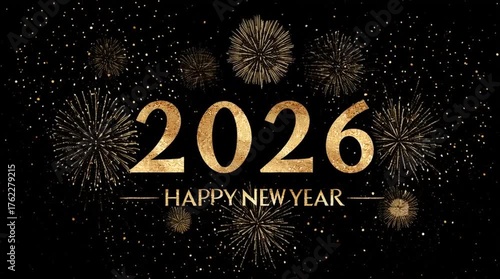Golden 2026 Happy New Year text surrounded by vibrant fireworks, showcasing a festive atmosphere, camera pans across the scene capturing celebratory energy and excitement