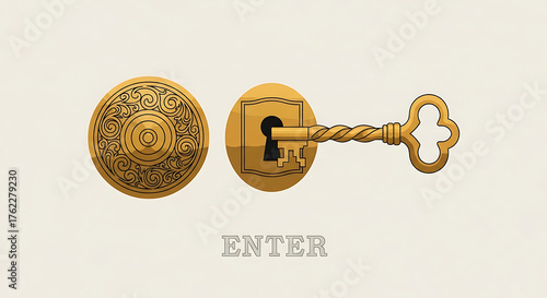 Vintage Key Access Golden Door Plate Enter Concept