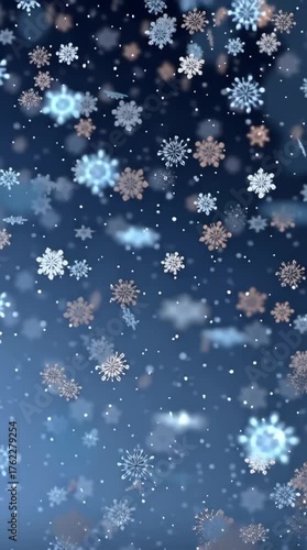 Snowflakes gracefully descend through a serene blue backdrop, showcasing intricate patterns and textures, with a smooth camera pan capturing the enchanting winter scene