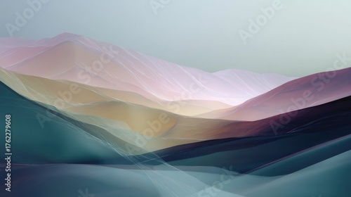 Abstract digital art piece that appears to be a landscape photograph of a mountain range. the mountains are in different shades of pink, orange, and blue, with a gradient effect.