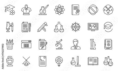 Collection of science and education icons, symbolizing knowledge, learning, and research in various disciplines