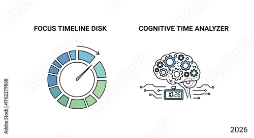 Vector illustration featuring a focus time stabilizer pod for enhanced productivity and a digital time clarity orb for cognitive temporal analysis, presented on a white background