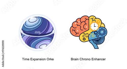 Dynamic flat vector icon pack 2026 featuring temporal perception orbs and innovative time awareness devices for future cognitive enhancement, on a clean background