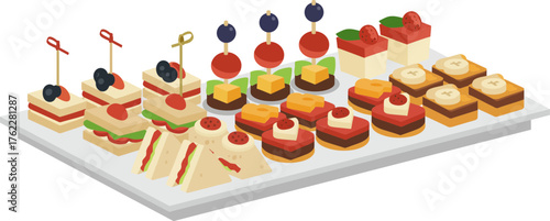 Assorted Delicious Miniature Sweet and Savory Canapés and Pastries Displayed on a White Platter