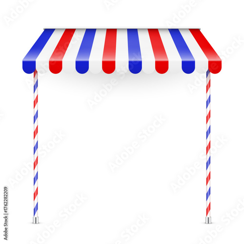 Shop sunshade. Realistic striped cafe awning. Outdoor market tent. Roof canopy. Summer street store. Vector illustration.