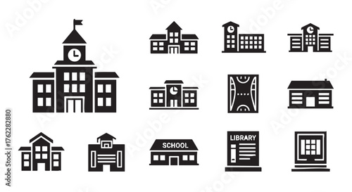 Architectural Buildings Vector Icon Set in Black and White Style