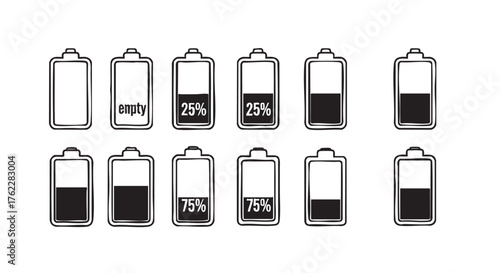 Battery charge level indicators representing full to empty energy status