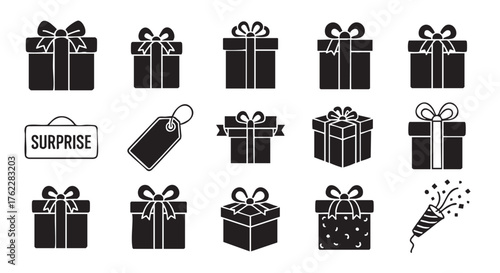 Black and white illustration with gifts and surprise tag design