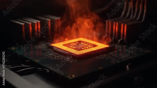 Overheating CPU glowing intensely red orange with rising smoke symbolizing extreme computing performance and technological failure.