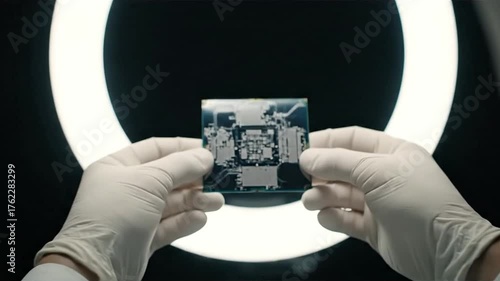 Gloved hands inspecting a microchip circuit board in a high-tech laboratory, focusing on semiconductor and quantum computing technology research.
