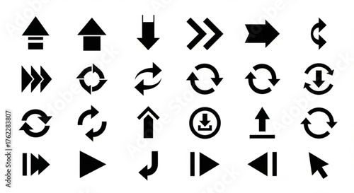 Collection of various black arrow icons representing direction and navigation