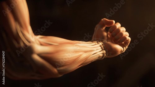 Human foot muscle contraction anatomy visualization showing detailed tendons and lower leg movement in dramatic dark lighting.