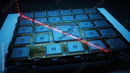 Processor Chip Array illuminated by Red Laser Beam. Artificial Intelligence Computing Power and Big Data Infrastructure Concept.