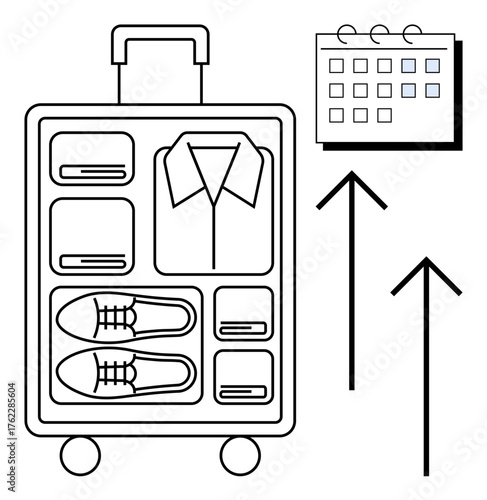 Rolled clothing, shoes, and shirt arranged in compartmentalized suitcase with arrows and calendar representing travel preparation. Ideal for trip planning, vacation, packing tips, organization