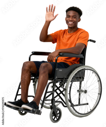 Young Black Man in Wheelchair Waving Hello on White
