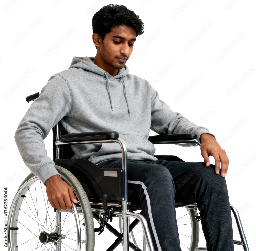 Obraz premium Young South Asian Man in Wheelchair on White Background, Contemplative Look
