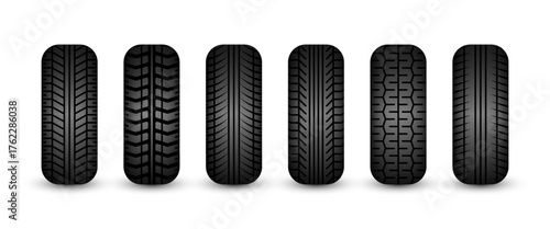 Rubber tires silhouettes. Car, truck, and motorcycle wheels, tread pattern designs. Perfect for automotive, racing, and motorsport themes, repair service and transport industry. Vector illustration