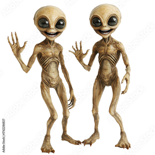 Two full-body aliens looking and waving, isolate on transparent white background