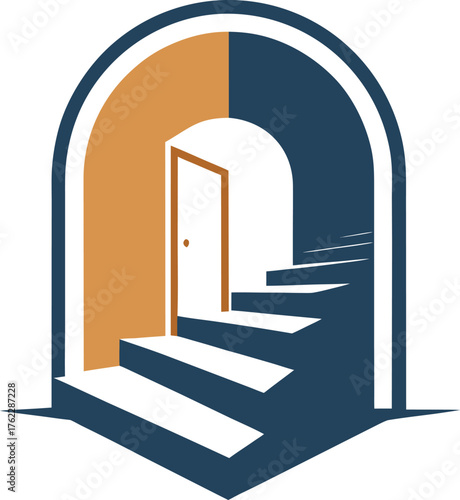 Staircase leading to an open door under an archway, viewed from below, in a graphic illustration style