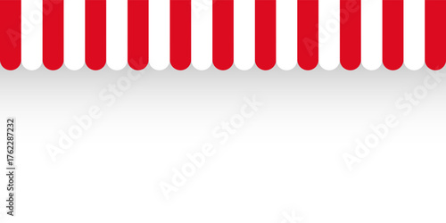 Shop sunshade. Realistic striped cafe awning. Outdoor market tent. Roof canopy. Summer street store. Vector illustration
