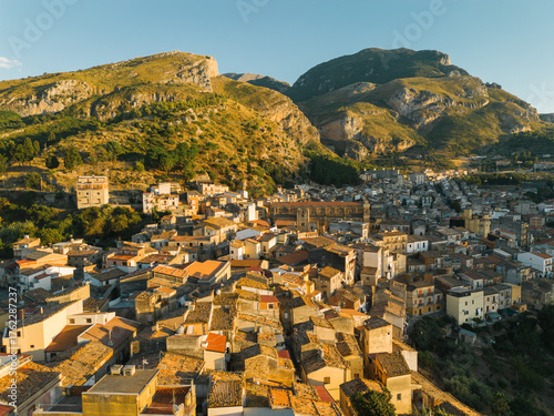 Drone view on Collesano- small town in Madonie Mountains, Sicily, Italy