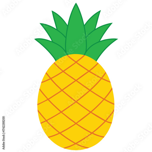 Cartoon Pineapple Vector Illustration. Whole Ripe Tropical Fruit with Green Leaves Isolated on White Background. Food and Summer Design Element