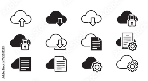 Cloud Computing Icons Set for Upload Download Secure and Document Storage