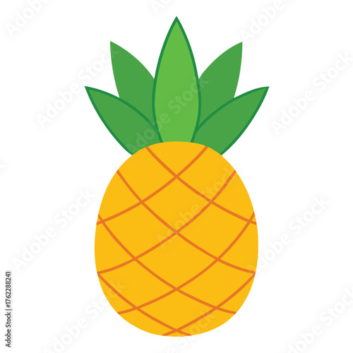 Cartoon Pineapple Vector Illustration. Whole Ripe Tropical Fruit with Green Leaves Isolated on White Background. Food and Summer Design Element