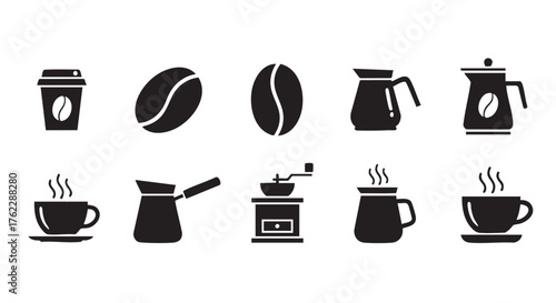 Coffee themed vector icons set in black and white style