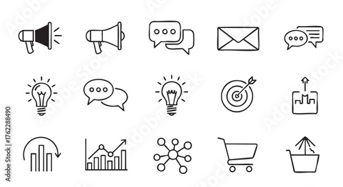 Collection of business and communication icons in black and white outline style