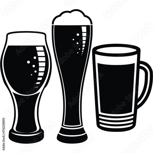 Three Beer Glasses Black and White Vector Icon Set.