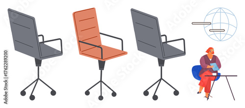 Three swiveling office chairs in gray and red tones beside a professional reading documents, complemented by a global networking icon. Ideal for workplace, business analysis, remote work, leadership