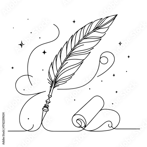 Feather pen and parchment scrolls with glowing stars minimalist mystical line art. Magic feather and scroll of spells