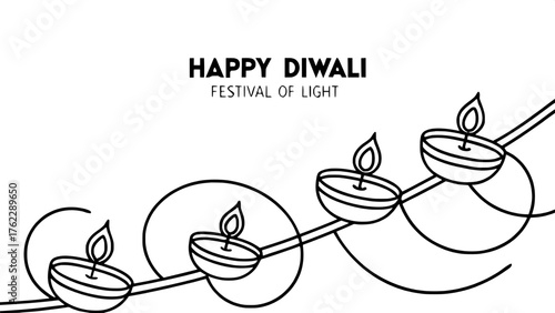 Wallpaper Mural Line Art Variation

Minimalist line-art illustration for Diwali. “HAPPY DIWALI” centered at the top, “Festival of Light” in fine script below. Seven outlined diyas in continuous line drawing style alo Torontodigital.ca