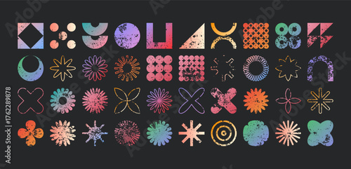 Brutalist geometric shapes, modern grunge symbols. Simple primitive elements and forms, distressed details. Retro design, aged, vintage, trendy contemporary minimalist style, y2k. Vector illustration