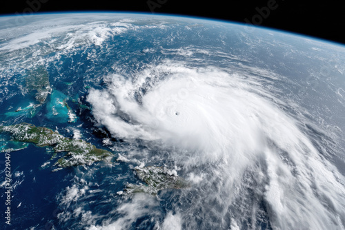 Powerful hurricane impacting Caribbean region captured from space showing immense storm clouds and ocean surface
