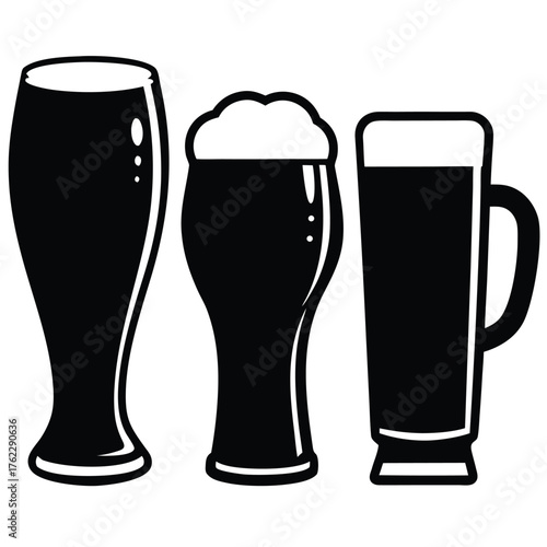 Three Beer Glasses Black and White Vector Icon Set.