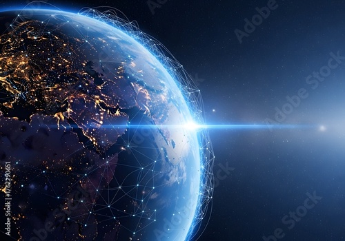 Earth from space at night with city lights and sunrise over asia, digital connection concept