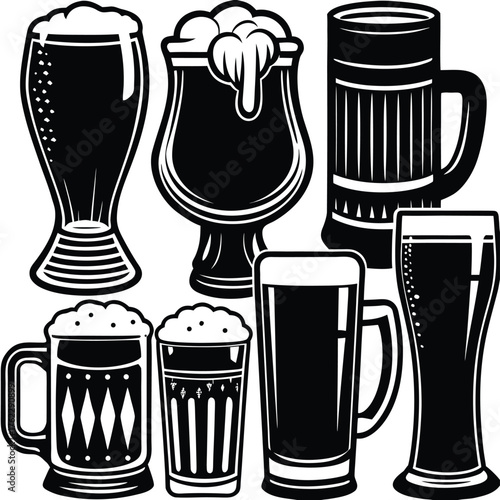 Three Beer Glasses Black and White Vector Icon Set.