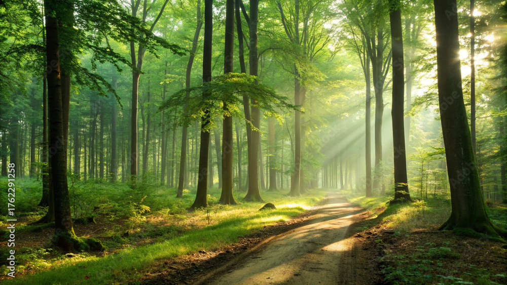 Fototapeta premium AI Generated Forest with Sunlight Rays and Green Trees