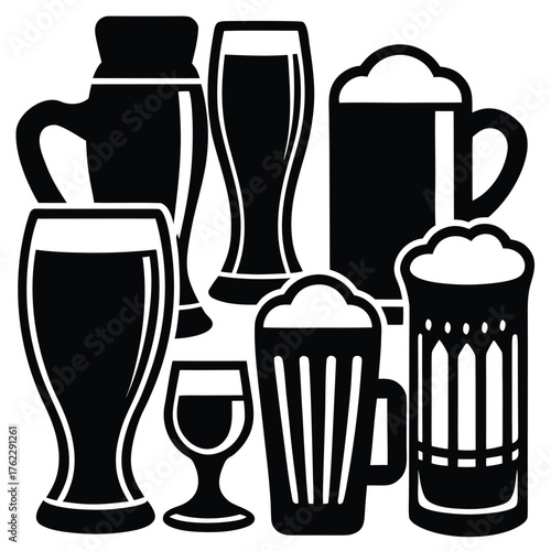 Three Beer Glasses Black and White Vector Icon Set.