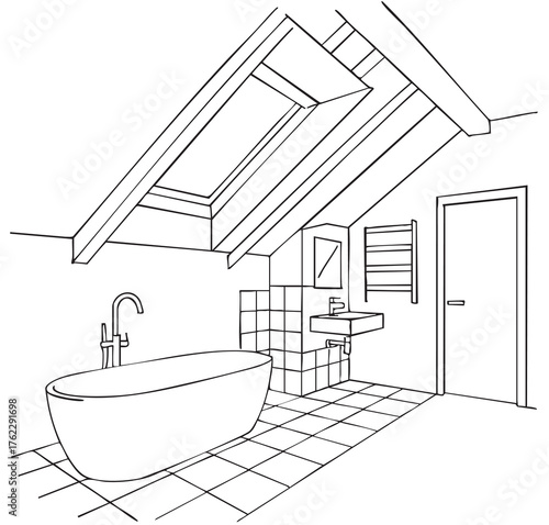 Hand drawn sketch. Linear sketch of an interior. Part of the bathroom. Vector illustration