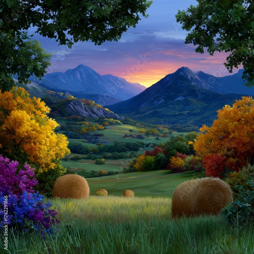 Sunset over a rural valley. Generative AI