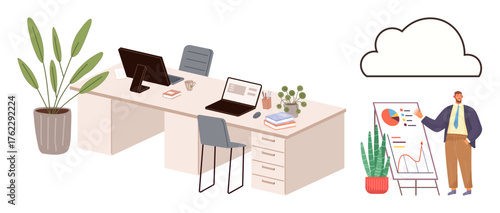 Desk with laptops, desktop monitor, potted plants, charts, and a standing professional presenting data. Ideal for business, teamwork, productivity, remote work technology cloud solutions workflow