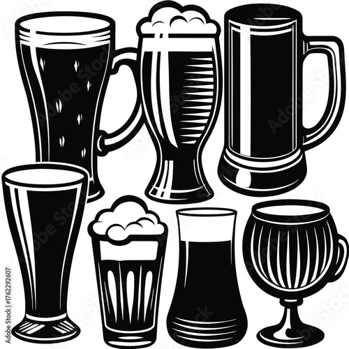 Three Beer Glasses Black and White Vector Icon Set.