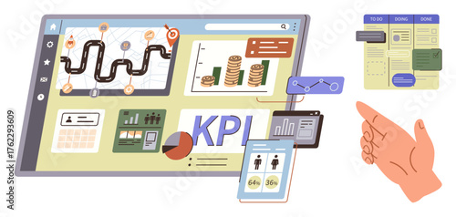 Interactive dashboard with charts, financial data, KPI graphics, task board, and a hand gesturing towards tools. Ideal for productivity, management, analysis, workflow planning finance