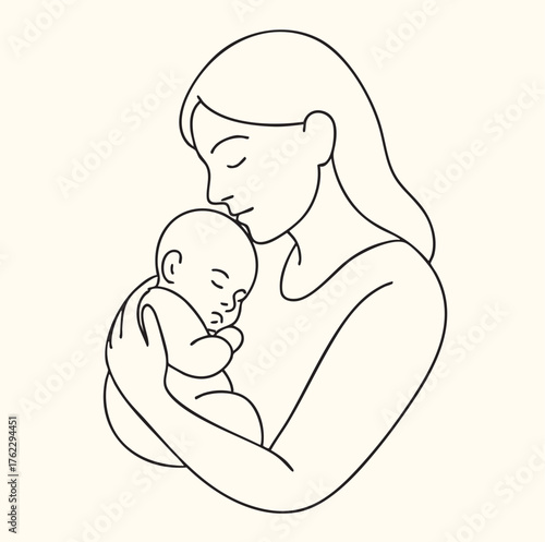mother and baby line sketch vector symbol, mom hugs her child logo template